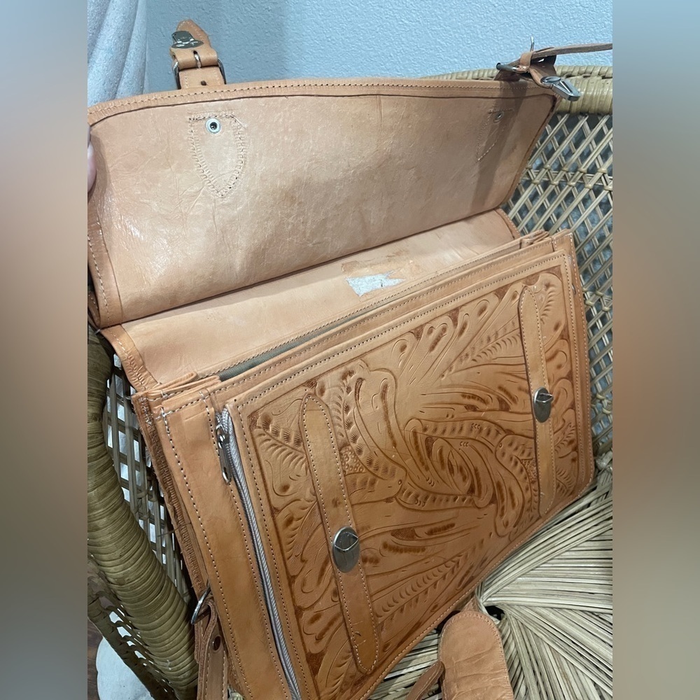 🧳 Hand-Tooled Leather Briefcase Satchel – Vintage Western‎ Office Field Bag - Picture 10 of 10